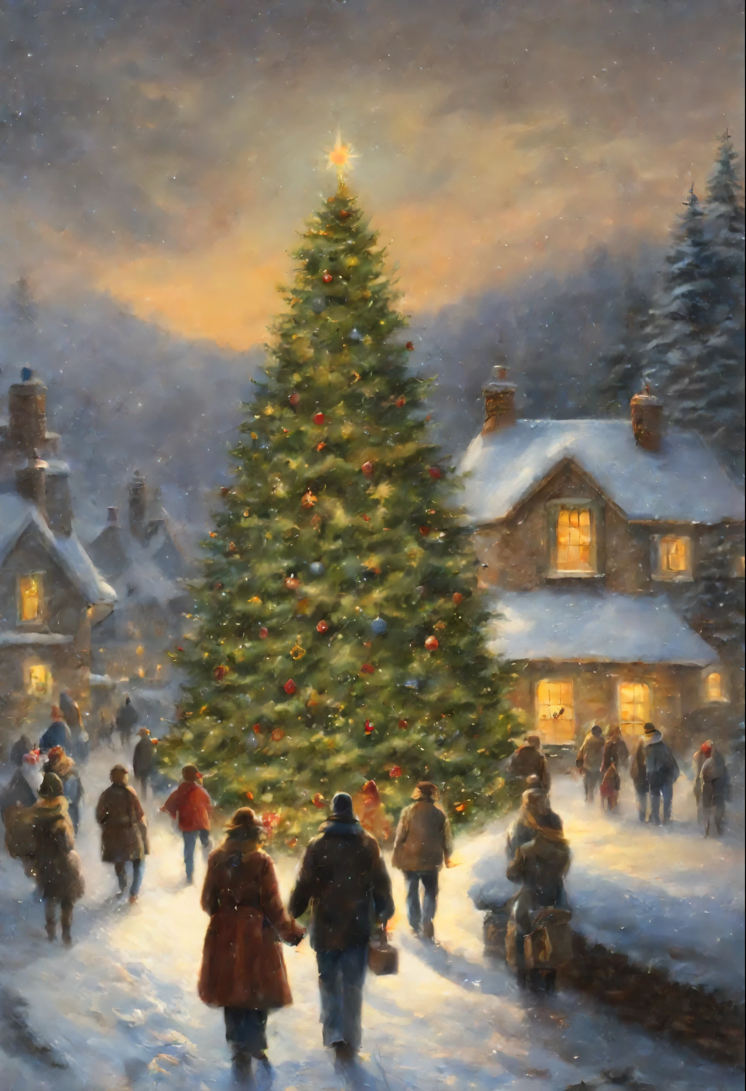 painting of a Christmas tree in a snowy village with people walking by, christmas night, John McNaughton, inspired Mark Keatley, Mark Keatley, Christmas tree, Thomas Kinkade, by Thomas Kinkade, Thomas Kinkade cfg _ Scale 9, Thomas Kinkade style painting, holiday season, ( ( Thomas Kinkade ) ),  Makoto Shinkai