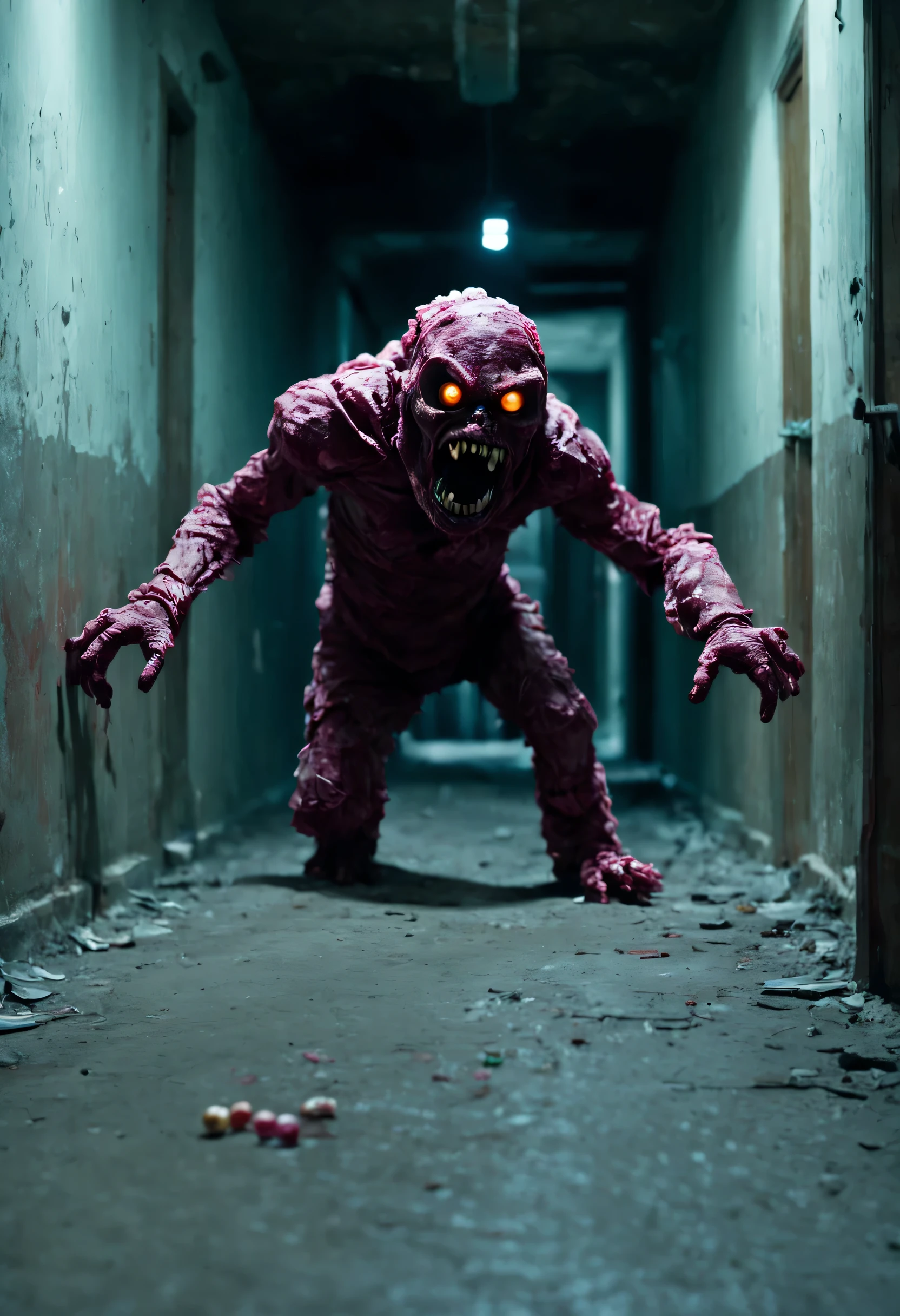 A humanoid monster made of candy runs to the camera, Perspectives, The monster is in an abandoned and dirty corridor, There were several people lying on the floor of the corridor, Horror movie style, Camera DSLR camera, A high resolution, 4K