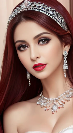 Lebanese lady, diamond dangling earrings, necklace, bracelets, small breasts, 40 years old, smokey eyes, cleavages, red lips, innocent face, random colored fashion ball gown, stylish hairstyle, posing, modeling