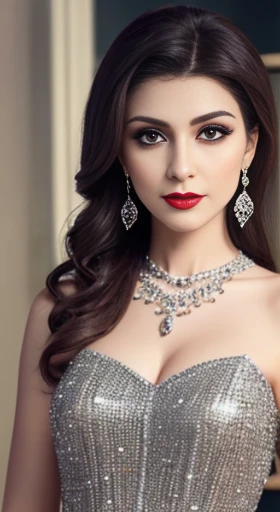Lebanese lady, diamond dangling earrings, necklace, bracelets, small breasts, 40 years old, smokey eyes, cleavages, red lips, innocent face, random colored fashion ball gown, stylish hairstyle, posing, modeling