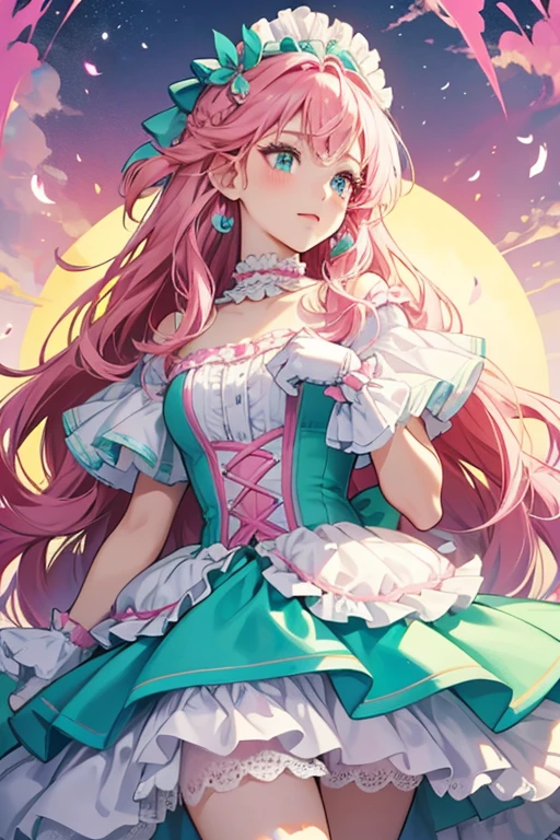 her hair grows longer and thicker with an additional hot pink ombre at the bottom. Her hair strands on her forehead are longer with the pink ones longer than the blue ones while her hair strands on top are shorter and she gains curled forelocks worn behind her ears. The hibiscus in her hair turns into an orange sun while the white and green ribbons thicken, with the green one gaining an additional ribbon and lightening in color. Her collar is replaced with a white scalloped two-layered capelet with pink and sky blue lining at the top and bottom layers respectively. Her skirt turns light pink with yellow, blue, and pink stripes at the bottom and a scalloped mint layer lining the bottom. Around it is a long white skirt that opens in the front with a rainbow-colored gradient inside and magenta pearls with scalloped mint ruffles around the waist. Her choker turns white and pink with a pink gem hanging from it while her earrings become slightly bigger and open up a hole in the middle. Her gloves are replaced with frilly white wristbands with hot pink bands around the wrist and she is now barefoot with white ribbons around the lower parts of her legs with cross patterns.