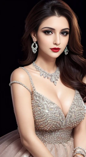 Lebanese lady, diamond dangling earrings, necklace, bracelets, small breasts, 40 years old, smokey eyes, cleavages, red lips, innocent face, random colored fashion ball gown, stylish hairstyle, posing, modeling