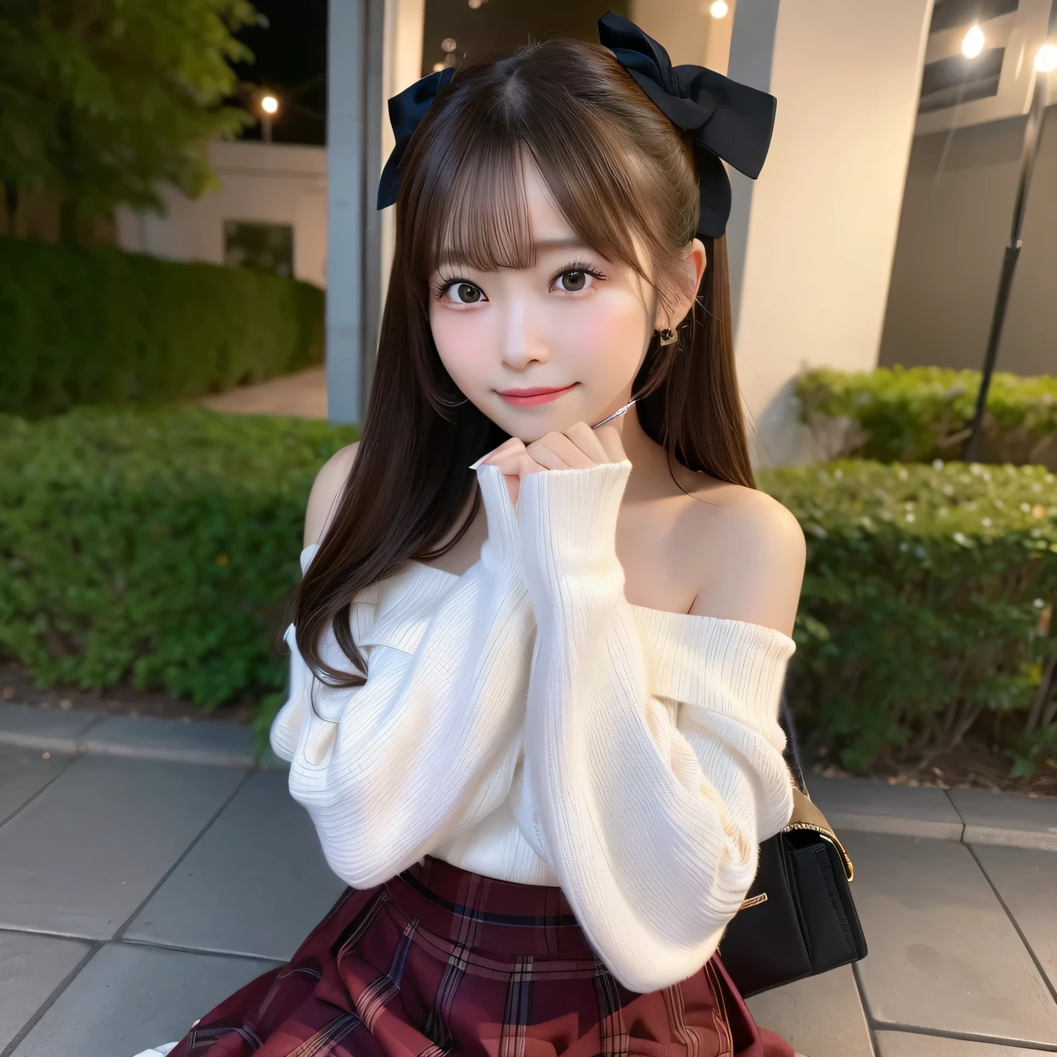(Top image quality, Ultra-fine, hight resolution, ultra-detailliert,),独奏、;Cute Girl, brown haired, Sweaters, accessorized, piercings, A smile,nighttime scene、nightcity、beautiful ilumination、Turning around、up photo 、beutiful breast、From chest to face、bare shoulders​, Blurring, red blush, outside of house、Bokeh, skirt by the, off shoulders, 背景Blurring, bags, Forward leaning position, long-sleeve, bow ribbon, bangss, ヘアbow ribbon, Cable knitting, turtle neck, depth of fields, Opening Mouth, アランSweaters, Parted lips, View from the side, 赤いbow ribbon, Yuki, Hands on your knees,、sleeves past wrists, off shouldersSweaters, Yuki, 赤いSweaters、nogizaka、Beautiful black eyes:1.３、17-year-old schoolgirl