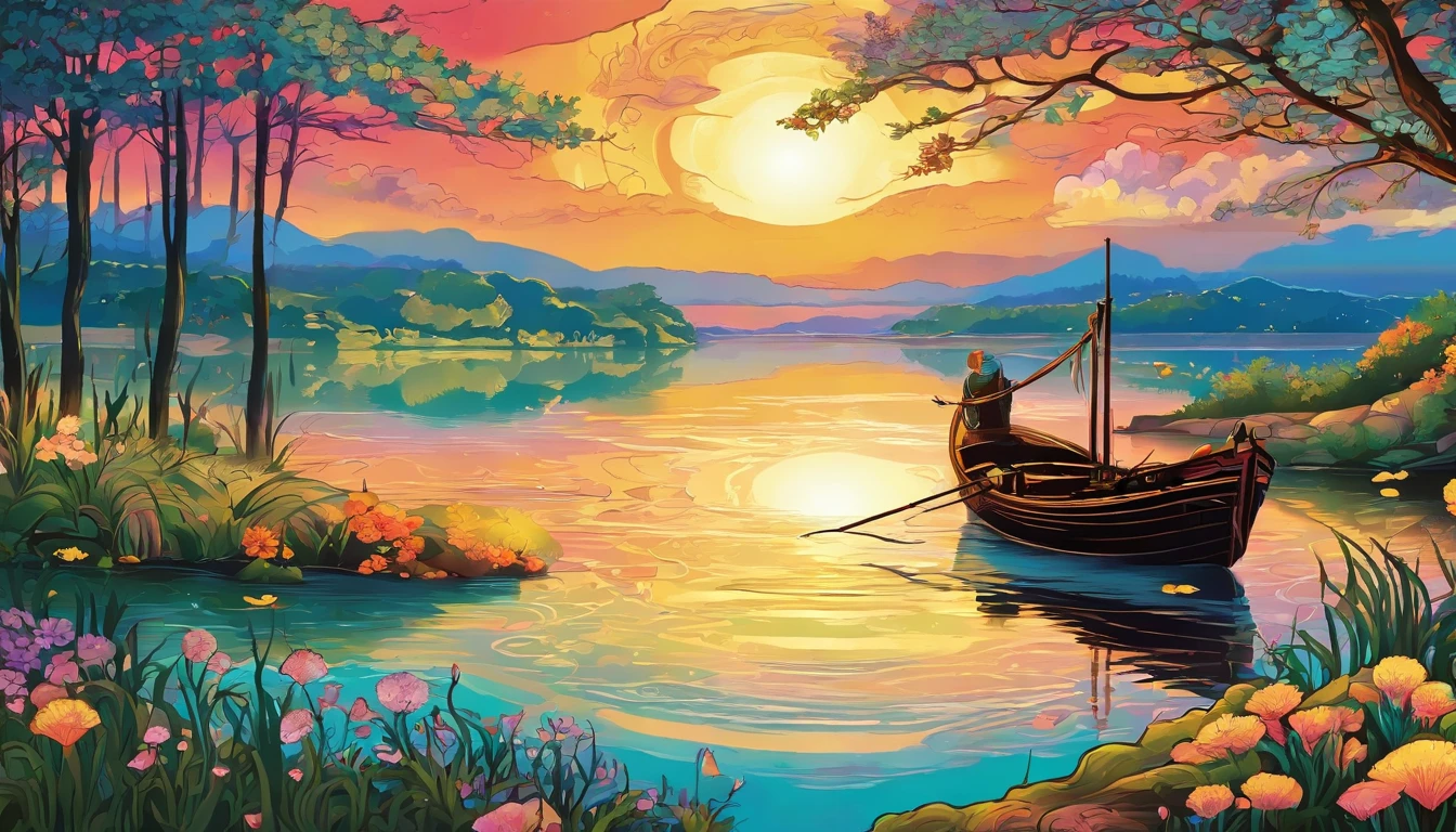 (Best Quality, high resolucion, Masterpiece: 1.2), panoramic view, Fascinating paintings, exquisite brush strokes, calm river, Multicolored tranquil atmosphere, Silhouette of a fishing boat reflected in the water, Gentle morning light, Shining highlight accuracy: 0.7), beautiful scenery