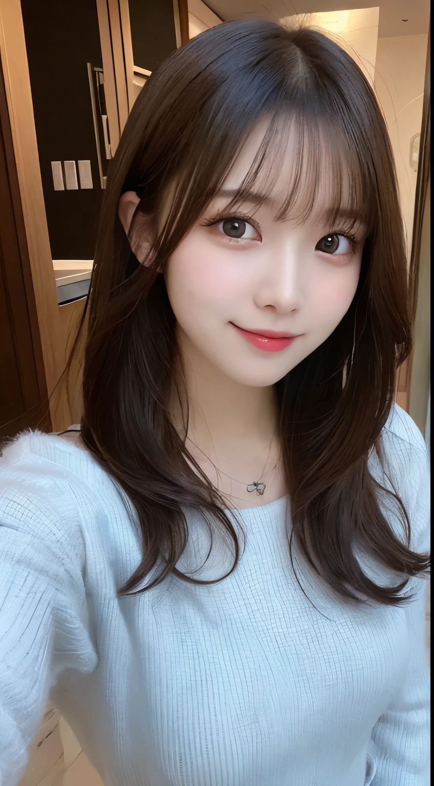 masutepiece, Best Quality, Illustration, Ultra-detailed, finely detail, hight resolution, 8K Wallpaper, Perfect dynamic composition, Beautiful detailed eyes, light blue fluffy winter clothes,Medium Hair,small tits,Natural Color Lip, Bold sexy poses,Smile,Luxury designer apartment(a room)、20 years girl、Cute、Sexy shot looking at camera、Blur the background
