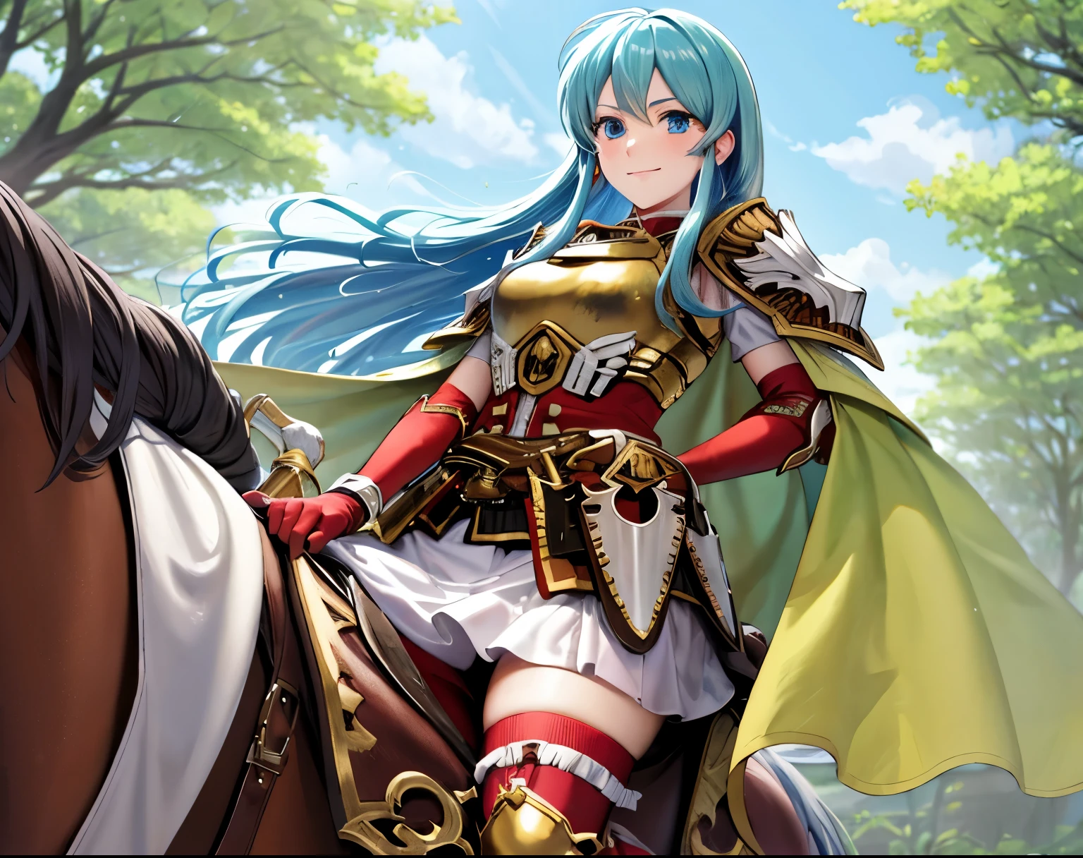 (from below:1.2),full body,leg_eirika,smirk,(white horse,riding a white horse,saddle,reins:1),   armor,breastplate, zettai ryouiki, skirt, thighhighs, cape,gloves, looking at viewer, boots,  jewelry, fingerless gloves, earrings, white skirt, red gloves, smile, elbow gloves, sidelocks, shoulder armor, red footwear, closed mouth, thigh boots, frills,outdoors,(masterpiece, best quality, ultra-detailed, best shadow), horseback_riding