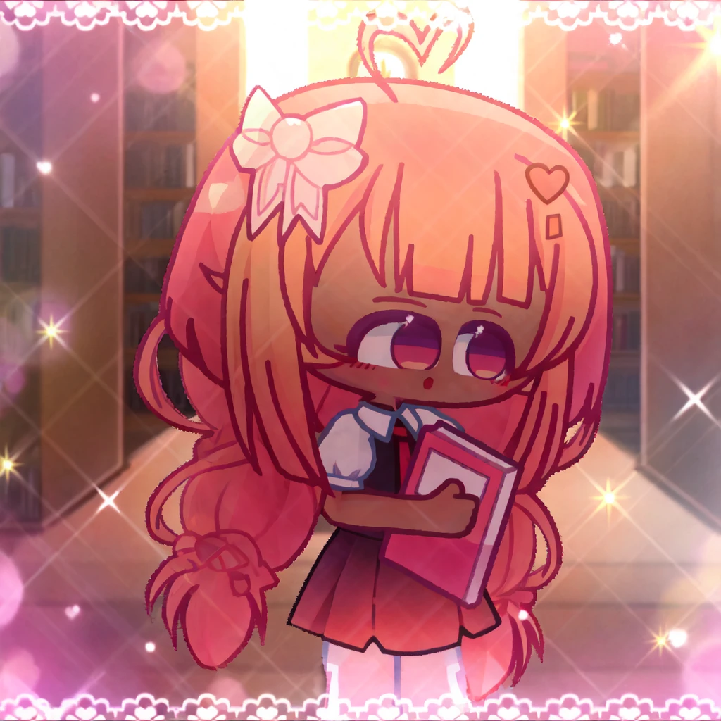 anime girl with pink hair holding a book, ddlc, anime moe artstyle, doki doki literature club, cute!! chibi!!! schoolgirl, [[[[grinning evily]]]], dusty library, small curvy , 🍁 cute, chibi girl, cute:2, pixiv style, small lolil, lofi girl