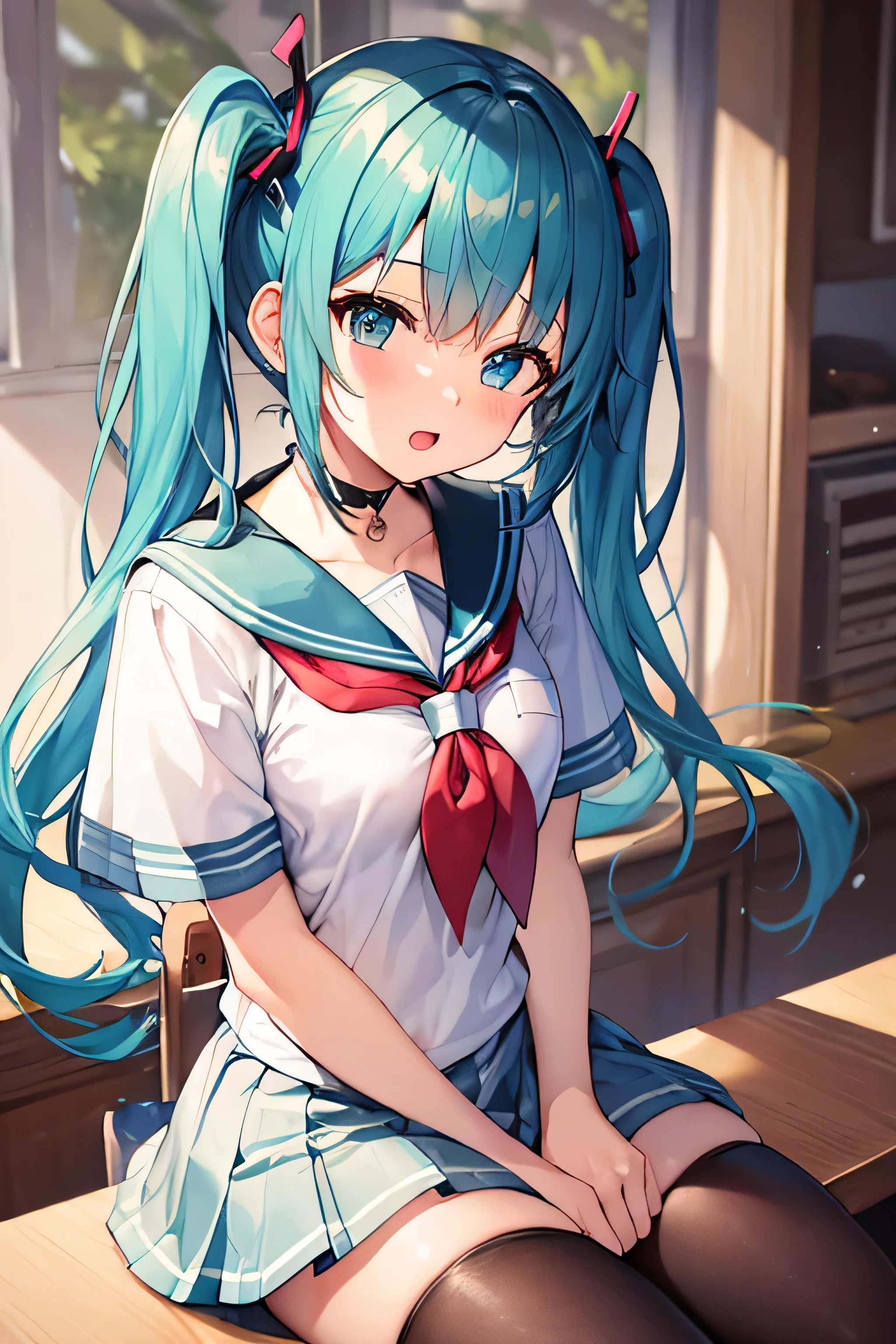 masterpiece、Top image quality、超A high resolution、miku hatsune、blue hairs、Twin-tailed、Blushing、mock、Open your mouth just a little、Short sleeve sailor suit、Mini skirt、knee sox、Inside the classroom