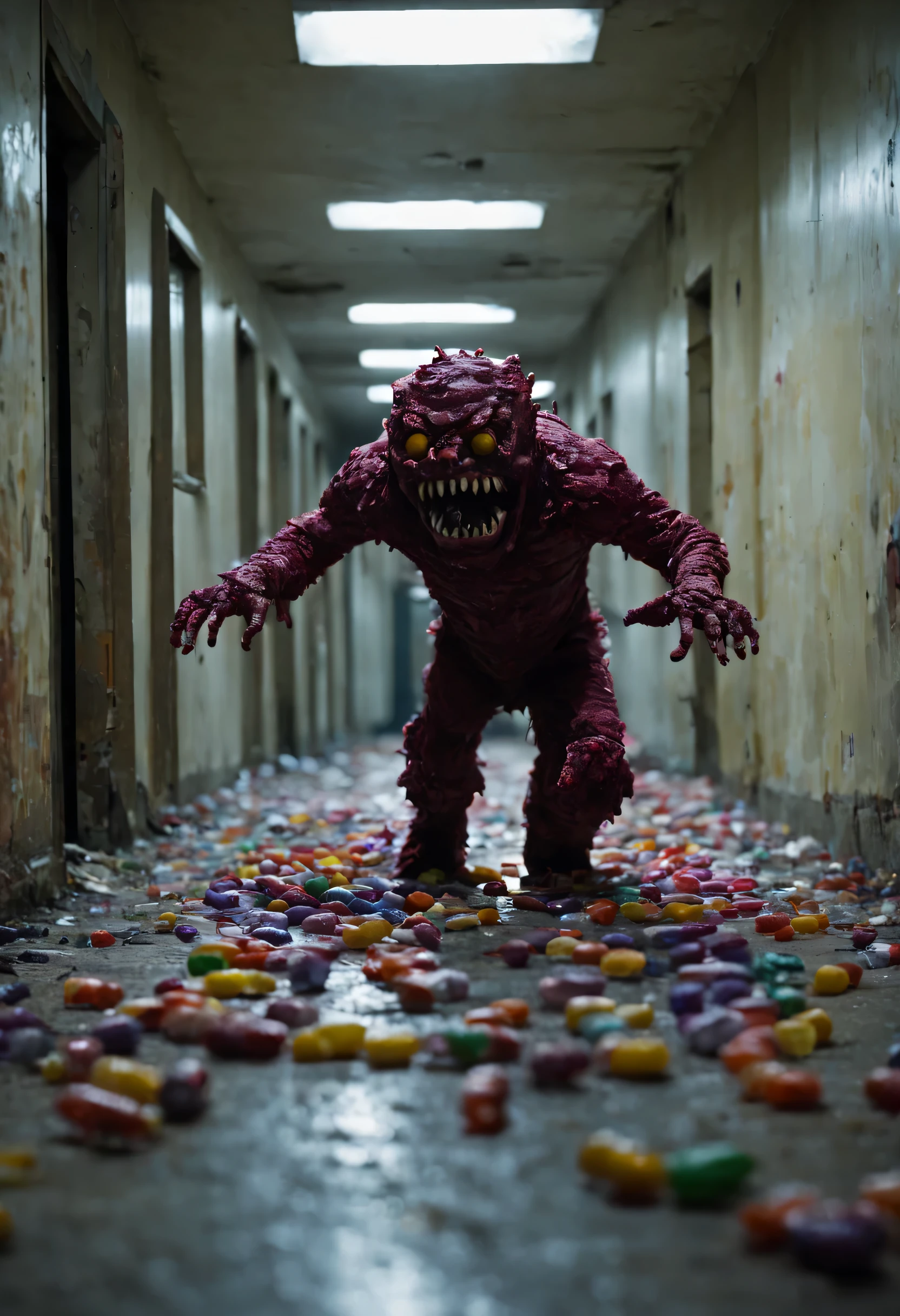 A humanoid monster made of candy runs to the camera, Perspectives, The monster is in an abandoned and dirty corridor, There were several people lying on the floor of the corridor, Horror movie style, Camera DSLR camera, A high resolution, 4K