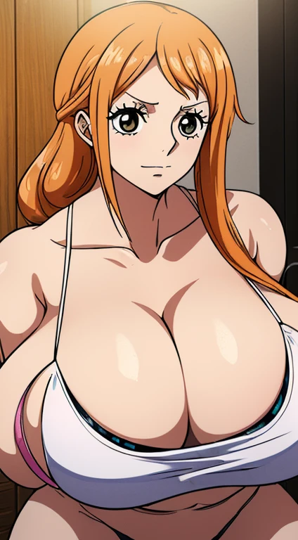 Nami，One Piece，tmasterpiece，Huge stacked breasts，The  is  ，（Surreal breasttremely full breasts）），（（Super large）），Big breasts Thin waist，（（（Extremely large breasts））），seductiv，High detail，hyper qualit，high resolution，8K，8k smooth，(reality: 1.2)，(Highly realistic，Ultra-realistic，photograph realistic)，(Realism: 1.2)，Solo，(Perfect feminine curveig breasts:2)，(Huge breasts:2)，(gigantic cleavage breasts:2)，(Large breasts:2)，( tits:1.4)，(chiseled abs : 1.1)，Nice strong legs，，(Curvy:1.1)，Narrow waist，(gigantic hip:1)，(Thick thighs:1)，(Thick legs:1)，Muscular，(body builder:1.5)