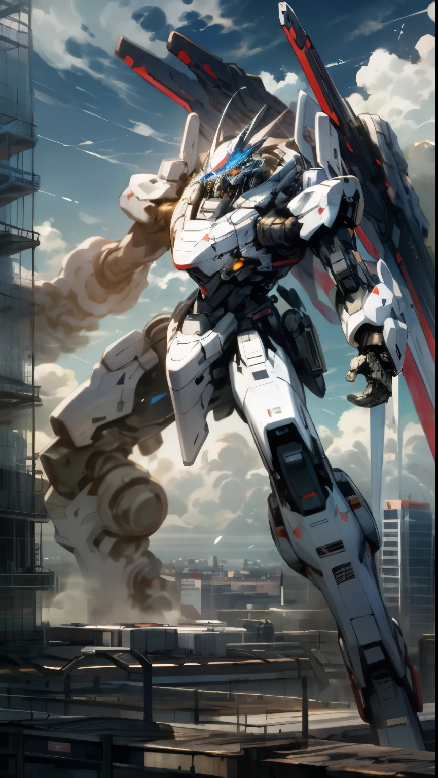 Sky, Clouds, holding_weapon, no_humans, Glow, Mecha, Architecture, Science Fiction, City, Reality --v6
