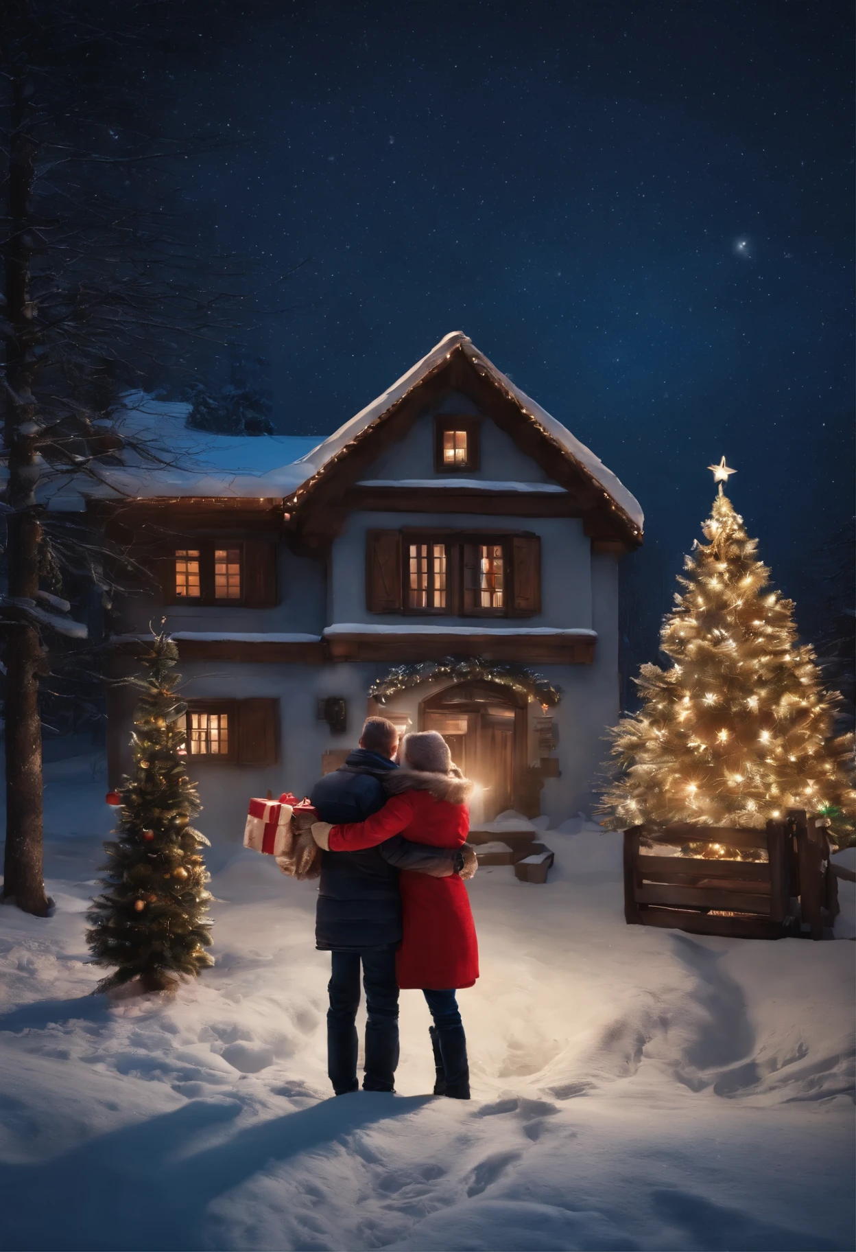 Picture of friends, give polar bags to each other, Cuddling, standing in front of the Christmas tree, by Hristofor Zhefarovich, by Izidor Kršnjavi, christmas night, under the quiet night sky, Twinkling stars, by Aleksander Gierymski, Tibor Renьi, Eugeniusz Zak, warm and joyful atmosphere