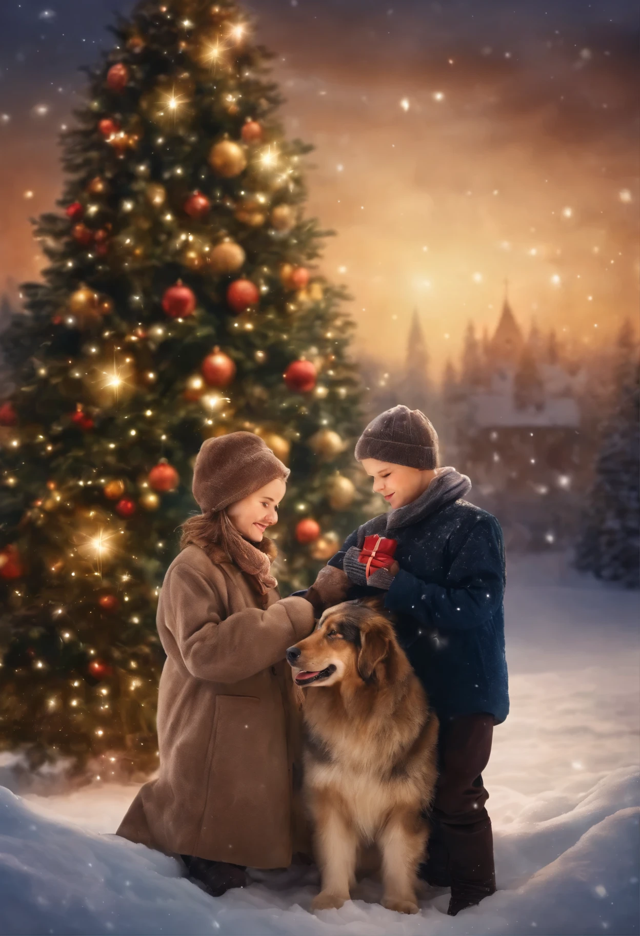 Picture of friends, give polar bags to each other, Cuddling, standing in front of the Christmas tree, by Hristofor Zhefarovich, by Izidor Kršnjavi, christmas night, under the quiet night sky, Twinkling stars, by Aleksander Gierymski, Tibor Renьi, Eugeniusz Zak, warm and joyful atmosphere