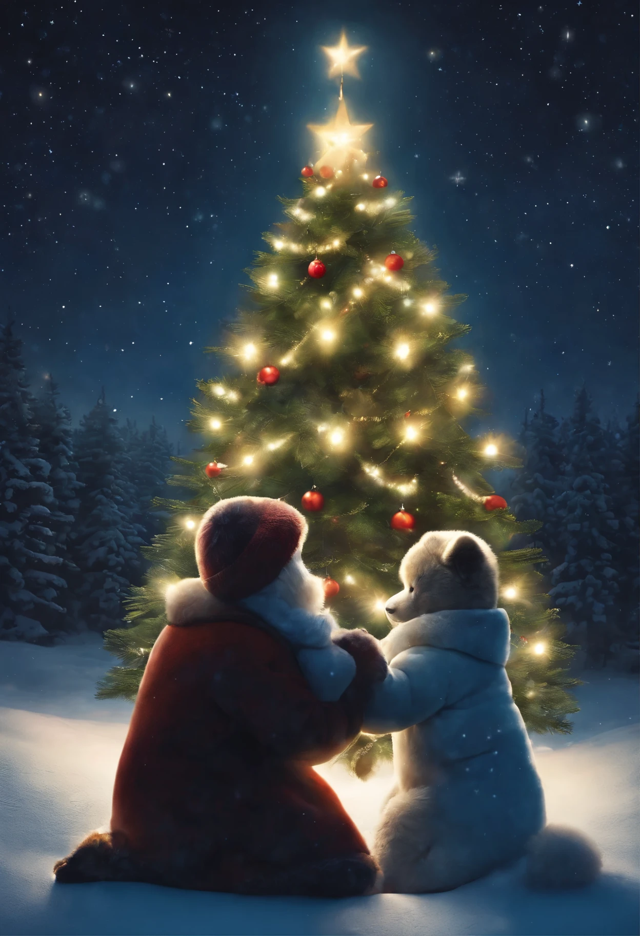 Picture of friends, give polar bags to each other, Cuddling, standing in front of the Christmas tree, by Hristofor Zhefarovich, by Izidor Kršnjavi, christmas night, under the quiet night sky, Twinkling stars, by Aleksander Gierymski, Tibor Renьi, Eugeniusz Zak, warm and joyful atmosphere