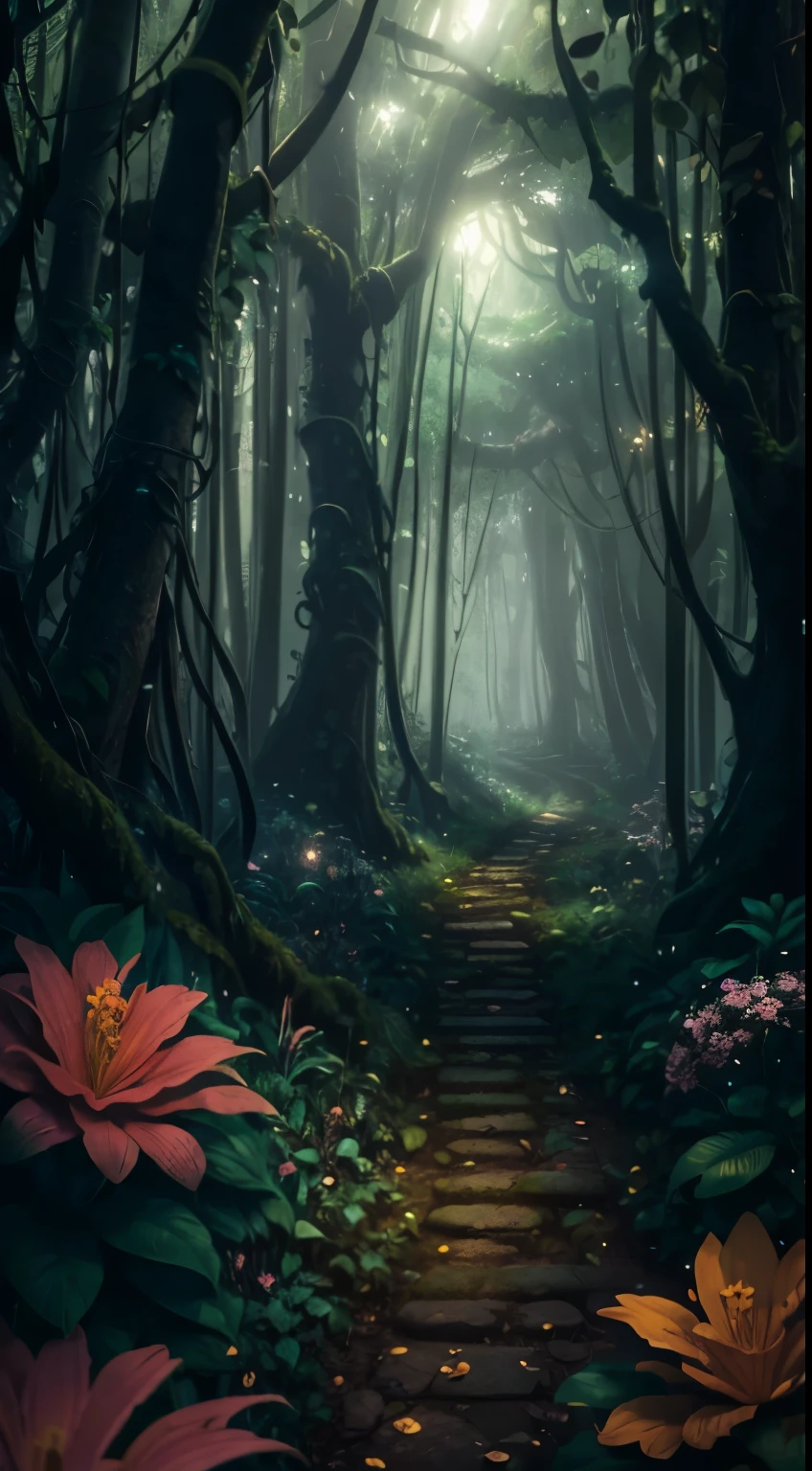 (mega detailed CG unity 8k wallpaper, artwork), high contrast, thick fog, jungle, emerald greenery, magical lighting, leaf cutter, crown of flowers.