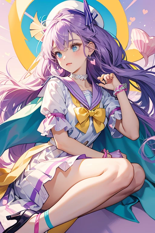 her eyes gain turquoise heart-shaped flecks. Her hair turns light purple and grows long, worn like her civilian form, but held by pink and yellow ribbons. She also has pink hearts on her cheeks. On her head is a white sailor hat with an indigo and light blue bow and a pink coral-shaped shell in the middle of the bow. On the right of her head is a clip with yellow and pink pearls. Her dress is lilac with a low sailor collar, white crisscrossed ribbons and a wide purple skirt with a short sky blue cape and pale purple ruffles. The sailor collar is held with a purple seashell brooch and a lavender tie-like bow. On her left hip is the carrying case for her Tropical Pact accented with a yellow ribbon. She wears white knee high socks and purple platform heels with ruffled yellow anklets. Her accessories include a purple v-shaped choker, light blue fingerless gloves with a heart cutout and purple bands, and yellow bow-shaped earrings.