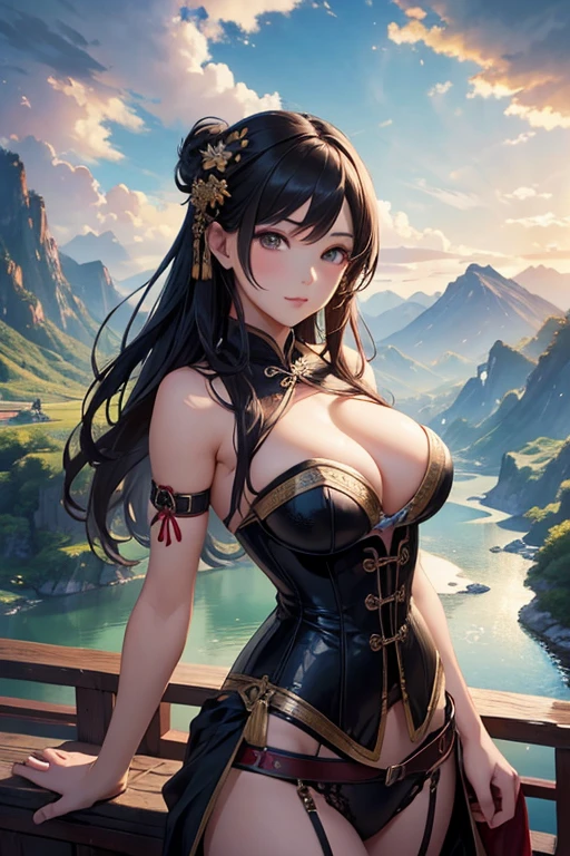 sexy beautiful woman in a corset, Ancient Chinese scenery, mountains, rivers, auspicious clouds, sunshine, masterpieces, super detail, epic composition, ultra HD, high quality, extremely detailed, official art, unified 8k wallpaper, Super detail, 32k -- v 6