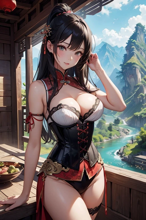 sexy beautiful woman in a corset, Ancient Chinese scenery, mountains, rivers, auspicious clouds, sunshine, masterpieces, super detail, epic composition, ultra HD, high quality, extremely detailed, official art, unified 8k wallpaper, Super detail, 32k -- v 6