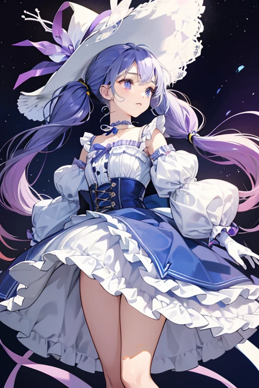 her hair grows longer and thickens with sky blue ribbons appearing at the top of her pigtails. Her hat now covers her entire head, with two small indigo and white ribbons with coral shells on each side and pale yellow ruffles on the ribbons and the bottom of hat's rim. Her collar turns white with purple and white ribbons around it and a matching bow in the front. Her skirt lengthens and turns white, opening up to reveal indigo, purple, and light purple scalloped layers with a light pink one at the bottom. On her waist is a band of sky blue pearls. Her choker turns white and purple with a purple gem hanging from it. Her gloves turn into frilly white wristbands with purple bands around the wrist and she is now barefoot with purple bands around her ankles with white ruffles lining the ends