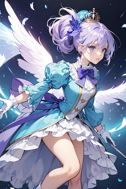 her outfit contains elements of Cure Marine's Super Silhouette form. Her hair grows longer and the coral shell on her hat turns into a small gold tiara with a light purple heart in the middle and light blue ribbons on each side. She gains puffy sleeves similar to Cure Marine's. Her dress turns light purple with her skirt sharpening and the top and bottom layers longer. On top of it is a short white and light blue skirt with sharp petals and blue and purple ribbons on each side. She gains a light purple bow and a pale blue jabot decorating her brooch. The ruffles on her gloves grow longer while long light blue ruffles cover the tops of her boots. On her back is a pair of heart-shaped rainbow wings.