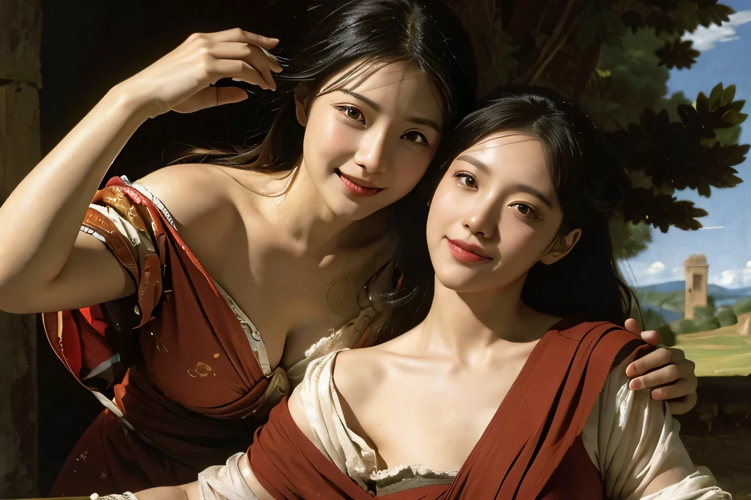 Ancient Roman landscape in the style of Poussin,A smile,,Sweet and seductive appearance.、Caravaggio's paintings、Chiaroscuro of Caravaggio、Hair disheveled in the wind,Two women frolicking,Cute smile, Expression of ecstasy,A sexy,erotick