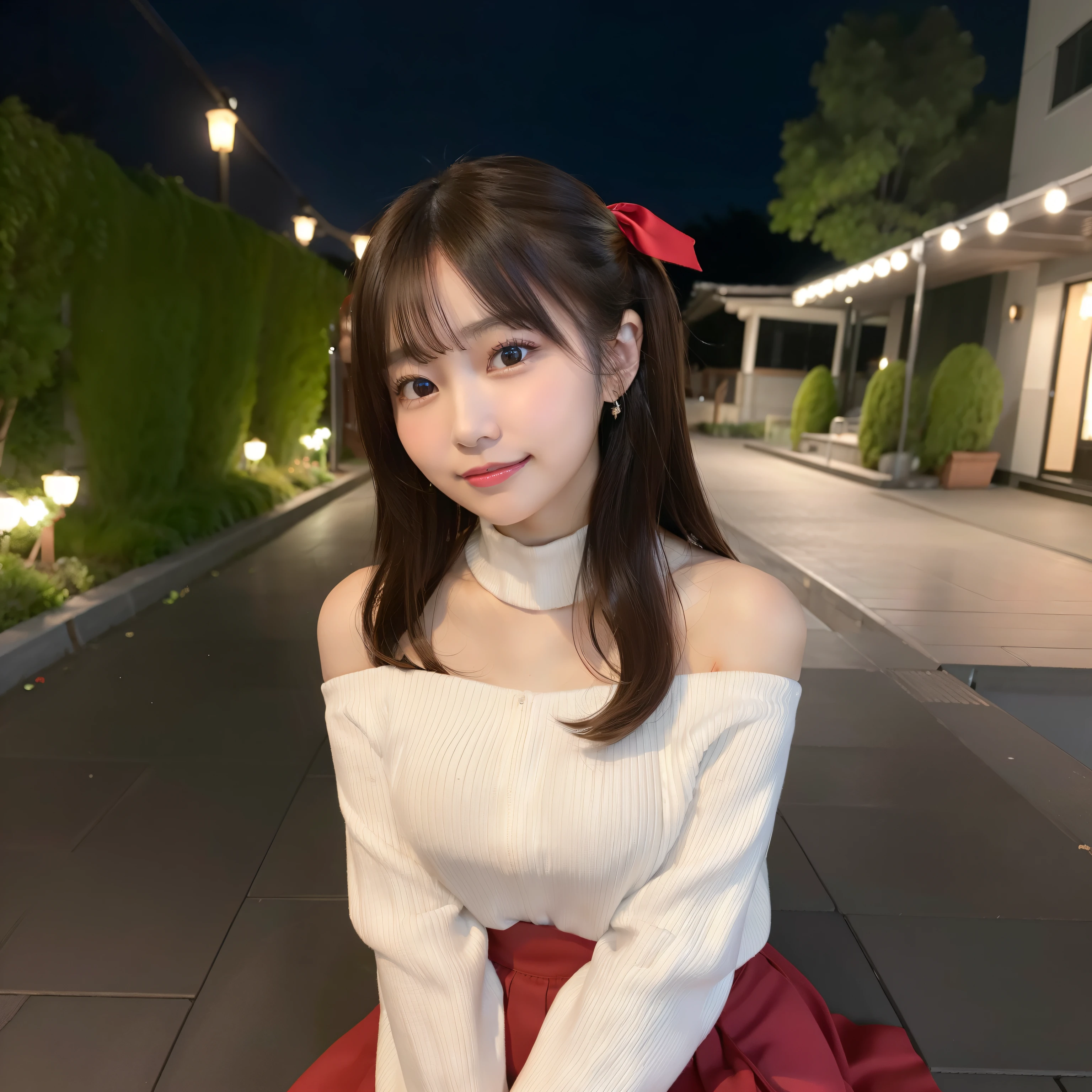 (Top image quality, Ultra-fine, hight resolution, ultra-detailliert,),独奏、;Cute Girl, brown haired, Sweaters, accessorized, piercings, A smile,nighttime scene、nightcity、beautiful ilumination、Turning around、up photo 、beutiful breast、From chest to face、bare shoulders, Blurring, red blush, outside of house、Bokeh, skirt by the, off shoulders, 背景Blurring, bags, Forward leaning position, long-sleeve, bow ribbon, bangss, ヘアbow ribbon, Cable knitting, turtle neck, depth of fields, Opening Mouth, アランSweaters, Parted lips, View from the side, 赤いbow ribbon, Yuki, Hands on your knees,、sleeves past wrists, off shouldersSweaters, Yuki, 赤いSweaters、nogizaka、Beautiful black eyes:1.3、17-year-old schoolgirl