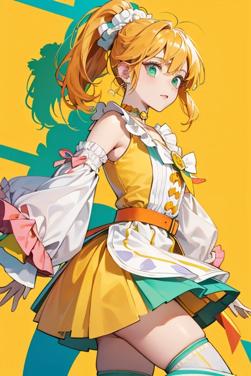 her hair grows out and turns orange, with some pulled into a ponytail hanging from a layered bun styled on the right held by large red, yellow, and green beads with a yellow butterfly on the corner. Her eyes gain heart-shaped yellow flecks and her eyelashes turn dark turquoise. She wears a yellow and white top with white wing-like sleeves and a yellow collar with white and orange stripes. At the middle is a light blue shell with a light orange and white bow. The balloon skirt is pale yellow with a darker scallops and a light green belt with pink ruffles on each sides on top and an orange band with a lighter colored stripe and two bows at the bottom. She also wears flat orange boots with a light blue line toward the bottom along with loose yellow leg warmers with green bands on top. Her accessories include light yellow fingerless gloves with heart-shaped cutouts in the back, a yellow v-shaped choker and red earrings with green and yellow fruit slices hanging from them.