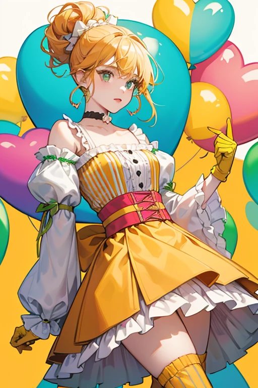 her hair grows out and turns orange, with some pulled into a ponytail hanging from a layered bun styled on the right held by large red, yellow, and green beads with a yellow butterfly on the corner. Her eyes gain heart-shaped yellow flecks and her eyelashes turn dark turquoise. She wears a yellow and white top with white wing-like sleeves and a yellow collar with white and orange stripes. At the middle is a light blue shell with a light orange and white bow. The balloon skirt is pale yellow with a darker scallops and a light green belt with pink ruffles on each sides on top and an orange band with a lighter colored stripe and two bows at the bottom. She also wears flat orange boots with a light blue line toward the bottom along with loose yellow leg warmers with green bands on top. Her accessories include light yellow fingerless gloves with heart-shaped cutouts in the back, a yellow v-shaped choker and red earrings with green and yellow fruit slices hanging from them.