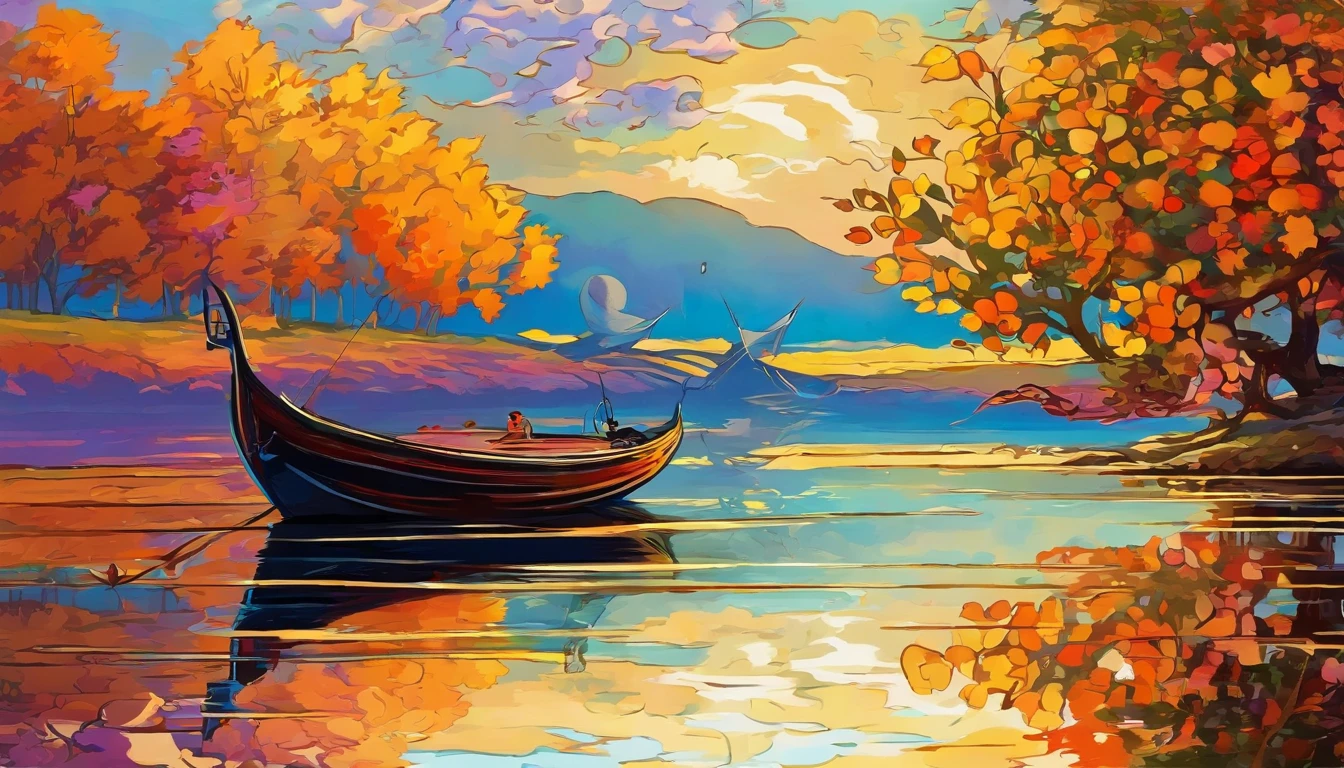 (Best Quality, high resolucion, Masterpiece: 1.2), panoramic view, Fascinating paintings, exquisite brush strokes, calm river, Multicolored tranquil atmosphere, Silhouette of a fishing boat reflected in the water, Gentle morning light, Shining highlight accuracy: 0.7), beautiful scenery