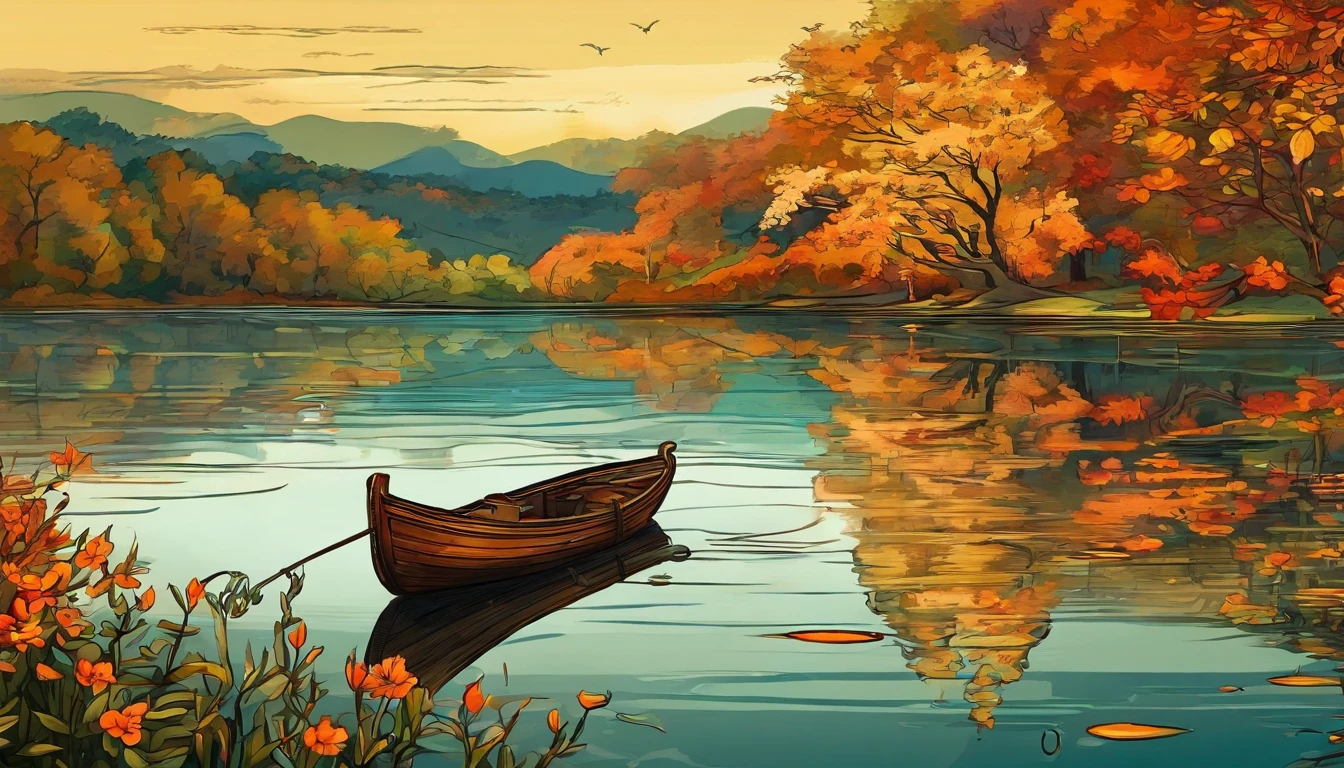 (Best Quality, high resolucion, Masterpiece: 1.2), panoramic view, Fascinating paintings, exquisite brush strokes, calm river, Multicolored tranquil atmosphere, Silhouette of a fishing boat reflected in the water, Gentle morning light, Shining highlight accuracy: 0.7), beautiful scenery