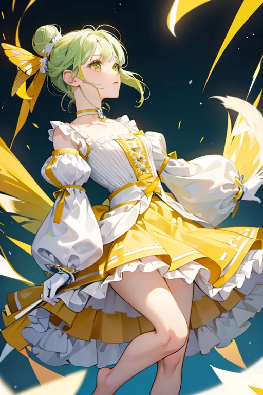 her hair lengthens and is now worn down, with the top part of her bun flaring out and the butterfly on the hair decoration turning sky blue. Her eyelashes are light green. Her collar and the ribbon on her chest turn white with an orange stripe while her wing-like sleeves flare out more and turn yellow. The white part of her top turns light green and her balloon skirt turns yellow with white and orange stripes at the bottom and a light green scallopes at the bottom. On top is a scalloped white skirt that opens in the front with a pale yellow inside and pink pearls around the waist. Her choker is white and yellow with a yellow gem hanging from it. Her gloves turn into frilly white wristbands with yellow bands around the wrists and she is now barefoot with yellow bands around her legs with flaps of pale yellow fabric hanging from them.