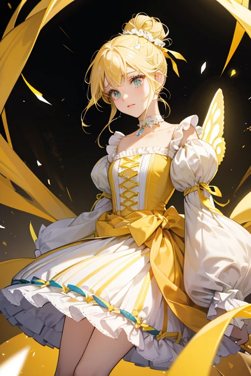 her hair lengthens and is now worn down, with the top part of her bun flaring out and the butterfly on the hair decoration turning sky blue. Her eyelashes are light green. Her collar and the ribbon on her chest turn white with an orange stripe while her wing-like sleeves flare out more and turn yellow. The white part of her top turns light green and her balloon skirt turns yellow with white and orange stripes at the bottom and a light green scallopes at the bottom. On top is a scalloped white skirt that opens in the front with a pale yellow inside and pink pearls around the waist. Her choker is white and yellow with a yellow gem hanging from it. Her gloves turn into frilly white wristbands with yellow bands around the wrists and she is now barefoot with yellow bands around her legs with flaps of pale yellow fabric hanging from them.