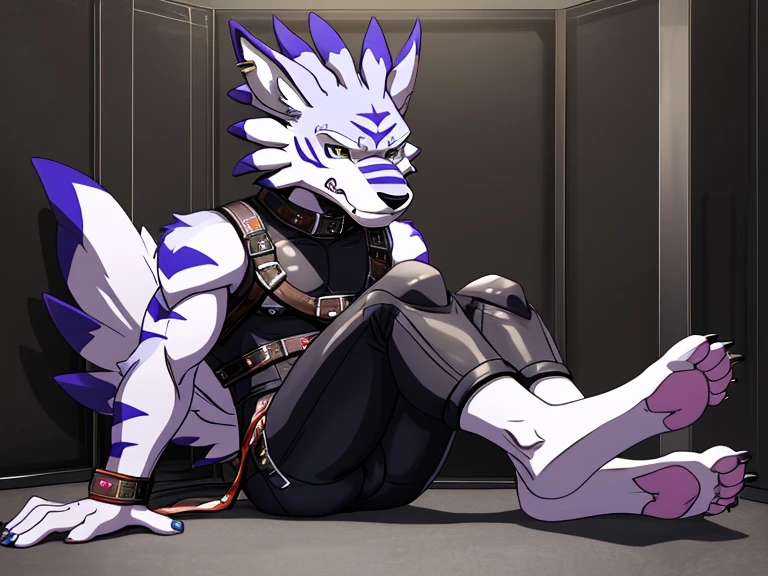 Barefoot hypnotised sedated WereGarurumon, gag in the mouth, looking up, green glow in his eyes, trapped in a black straitjacket, sitting imprisoned in a padded asylum cell, wearing long hospital pants, legs stretched out in front of him, visible detailed soles of his paws, toe ring on right foot.