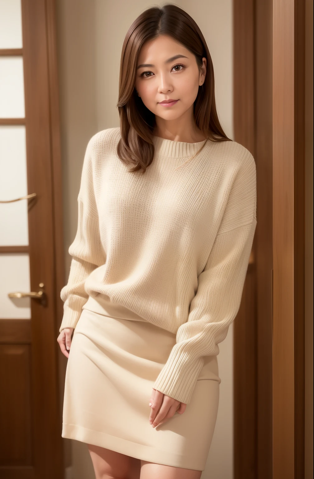 masuter piece, top-quality, masterpiece, hight resolution, Photorealsitic, Raw photography, 8k wallpaper, flawless, profetional lighting, ighly detailed, depth of fields,Pale solid color background, ((One beautiful woman)), ((70yo)), Female sexy, Detailed face, beautidful eyes, bangss, small breasts of good shape, Light Brown Straight Hair, Faint lips, ((stand facing forward、Staring at the viewer'serious face eyes.)),Sweaters, skirt by the, foot out of frame