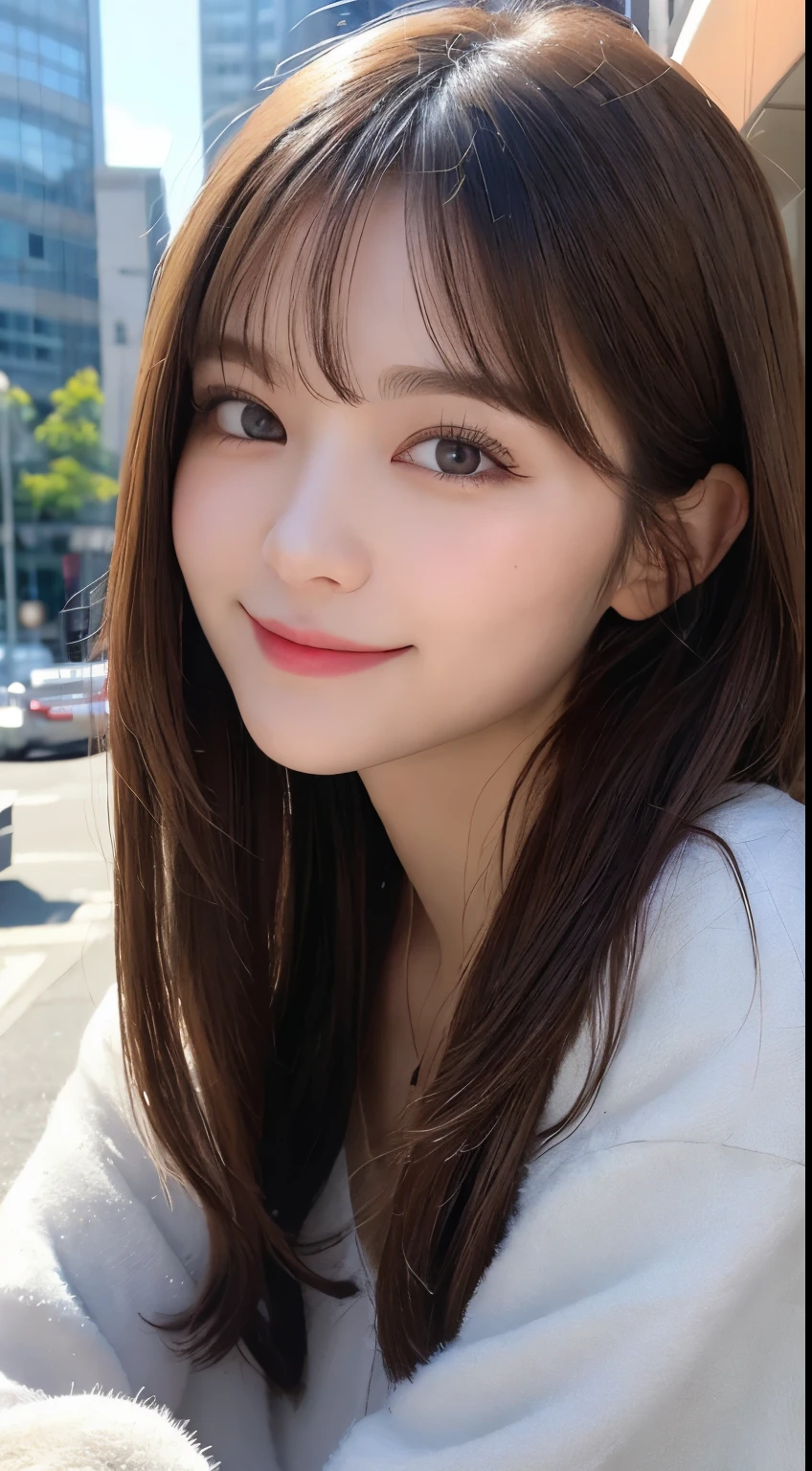 masutepiece, Best Quality, Illustration, Ultra-detailed, finely detail, hight resolution, 8K Wallpaper, Perfect dynamic composition, Beautiful detailed eyes, fluffy winter clothes、Winter dress,Medium Hair, Small breasts, Natural Color Lip,Smile,Big city、20 years girl、Midnight、beautifull detailed face、Perfect and beautiful face、slim face and style,Spread your arms wide,Big eyes,Take a photo from below the knees at a face angle,Blur the background、Take close-up photos of your face,Blur the background、Take a close-up photo of your face,Blur the background、Take a close-up photo of your face