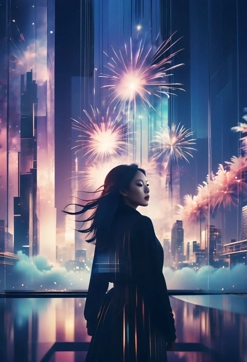 Dubrec style,Cybernetics appear in the sky.The prospect of fireworks on new year’s Eve 2024,Gorgeous fireworks,(multiple exposure1.8),(Digital signage,2024:1.5),technology city,artificial intelligence neuron,network matrix,new year'eve visual poster,Intricate poster in surreal art style,超现实梦想new year海报,超现实科幻new year梦想海报,wide wide shot,Expansive night sky,new year,A grand fireworks display,woman portrait,double exposure effect,dramatic lights,vivd Coloong exposure technology,creative composition,artsy photography,hight contrast,abstract elements,emotionally captivating,Expressive eyes,soft focus,vague background,Beautiful lip details,multiple exposure,Different Perspectives、The cities of the future,Silhouette of a high-rise building。The texture is clear、Overlay the image、A harmonious blend of themes、art story、Surreal atmosphere、Experimental Technology、imaginative exploration、Artistic expression、Artistic interpretation、Creative experimentation、personal narrative、Layered composition、Ethereal aesthetics、Shocking visual impact、visual depth、magical reality、poetic atmosphere,detailed、meticuloso,visual poetry