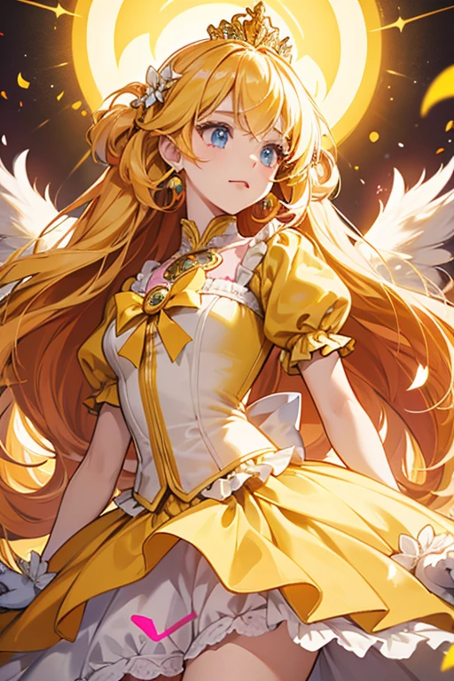 her outfit contains elements of Cure Sunshine's Super Silhouette form. Her hair grows longer and she gains a small gold tiara with a yellow heart in the middle. Her dress becomes lighter in color and she gains puffy sleeves similar to Cure Sunshine's. On top of her skirt is another shorter skirt that resembles flower petals while the pink ruffles on the sides of the skirt grow longer and encircle most of her waist. On her chest is a yellow bow with two orange ribbons hanging from it. Her gloves grow to opera-length with a slit on the top while dull yellow bows and cross-ribbons appear on her leg warmers. On her back are a pair of rainbow heart-shaped wings.