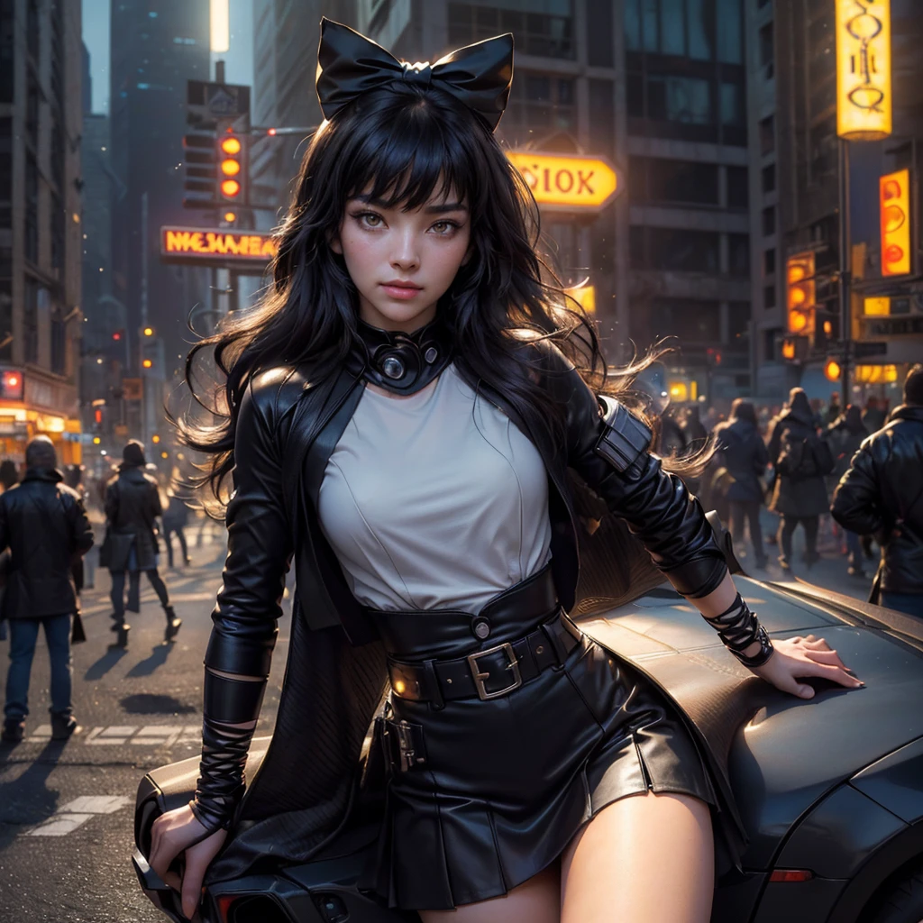 (masterpiece, stunning girlfriend, (standing:1.1), dynamic pose, heart shaped face, elegant face, beautiful face, highly detailed face, highly detailed skin, skin pores, subsurface scattering, realistic pupils, loving smile, looking at viewer, full face blush, full lips, detailed background, depth of field, atmospheric perspective, volumetric lighting, sharp focus, absurdres, realistic proportions, good anatomy, (realistic, hyperrealistic:1.4), 16k hdr (masterpiece, best quality:1.2), cowboy shot, solo, 1girl, blake belladonna, expressionless, closed mouth, looking at viewer, black hair bow, white t-shirt, skirt, cyberpunk city, neon signs, street, crowd, night, moon, moonlight, sitting in limo