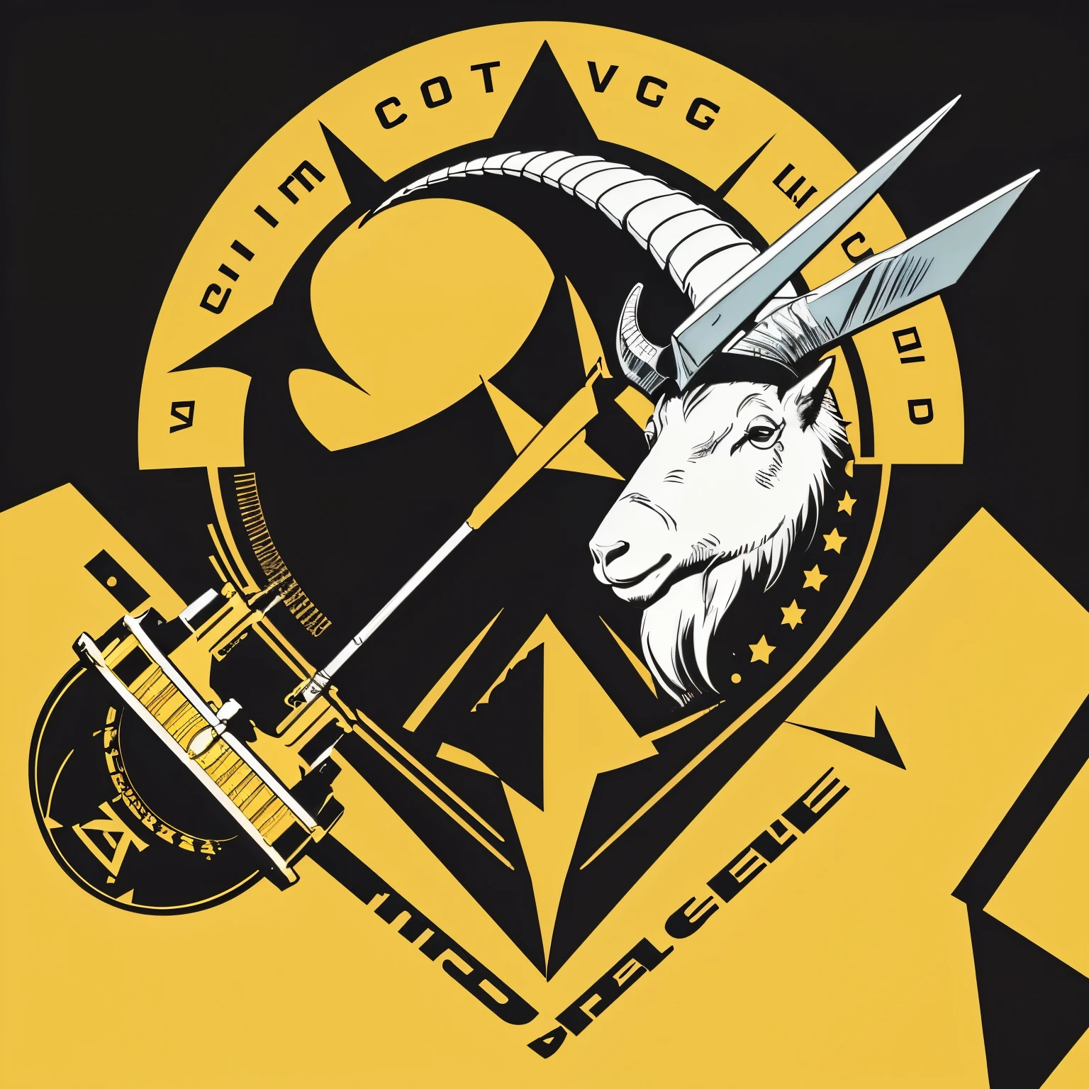 Vector, army emblem style, goat head side view in yellow as the main aspect, pink background, angry look, not realistic head, army shovel and compass under the head crossing each other, compass ends to a spear, minimum details, logo style