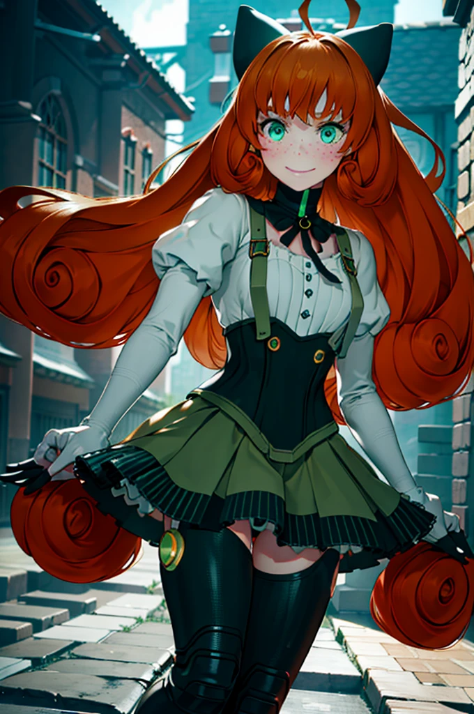 pennymk2, detailed face, beautiful, blur, depth of field, green eyes, freckles, black bow, (power symbol:1.2), black ribbon, black thighhighs, mechanical legs, smile, long hair, juliet sleeves, white blouse, suspender skirt, corset, buttons, orange hair, 8k wallpaper, octane render, cinematic lighting, best quality, highres, absurdres, sharp focus, (8k), (4k), (Best Quality), fantasy, extremely detailed, intricate, hyper detailed, (perfect face), illustration, soft lighting, (specular lighting:1.4), smile, full body