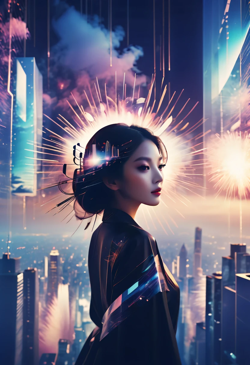 Dubrec style,Cybernetics appear in the sky.The prospect of fireworks on new year’s Eve 2024,Gorgeous fireworks,(multiple exposure1.8),(Digital signage,2024:1.5),technology city,artificial intelligence neuron,network matrix,new year'eve visual poster,Intricate poster in surreal art style,超现实梦想new year海报,超现实科幻new year梦想海报,wide wide shot,Expansive night sky,new year,A grand fireworks display,woman portrait,double exposure effect,dramatic lights,vivd Coloong exposure technology,creative composition,artsy photography,hight contrast,abstract elements,emotionally captivating,Expressive eyes,soft focus,vague background,Beautiful lip details,multiple exposure,Different Perspectives、The cities of the future,Silhouette of a high-rise building。The texture is clear、Overlay the image、A harmonious blend of themes、art story、Surreal atmosphere、Experimental Technology、imaginative exploration、Artistic expression、Artistic interpretation、Creative experimentation、personal narrative、Layered composition、Ethereal aesthetics、Shocking visual impact、visual depth、magical reality、poetic atmosphere,detailed、meticuloso,visual poetry