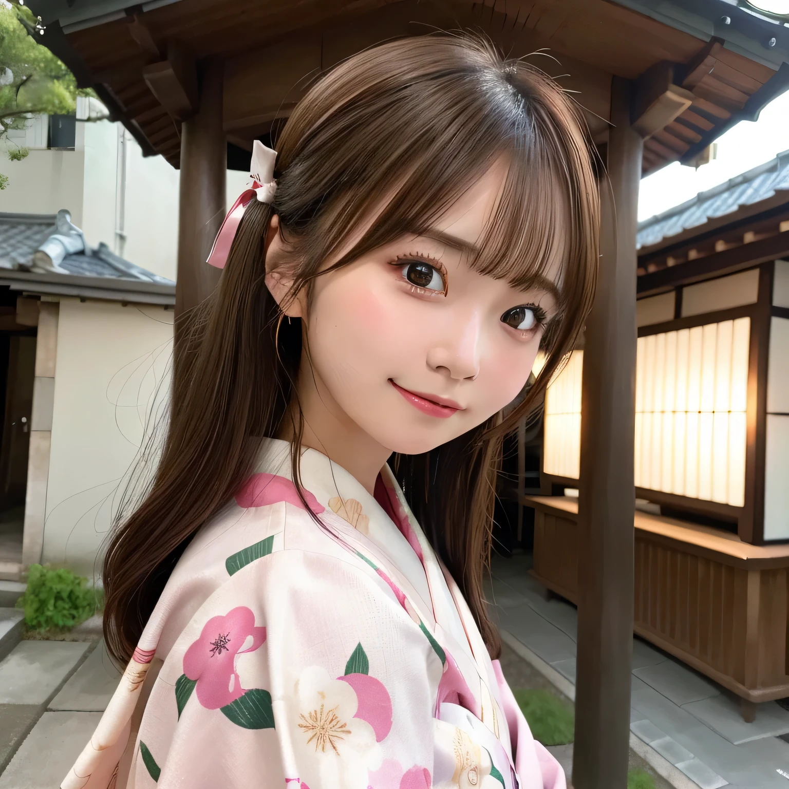 masterpiece、top-quality、Ultra-fine、Colossal tits、(Top image quality, Ultra-fine, hight resolution, ultra-detailliert,),独奏、;Cute Girl, brown haired, 、Brown hair、glabella、1girll、Komono、Kimono、see the beholder、独奏、red blush、hair adornments、The upper part of the body、florals、A smile、 bangss, Background blur, hair adornments, florals柄, 青いKimono, Mouth closed, Obi, outside of house, Bow knot, From Side, 赤いBow knot, matsuri, hair adornments, Obi, natta, depth of fields, Turned to the side, Brown-eyed、food stand、matsuri、beautiful ilumination、nogizaka、Beautiful black eyes:1.3、17-year-old schoolgirl