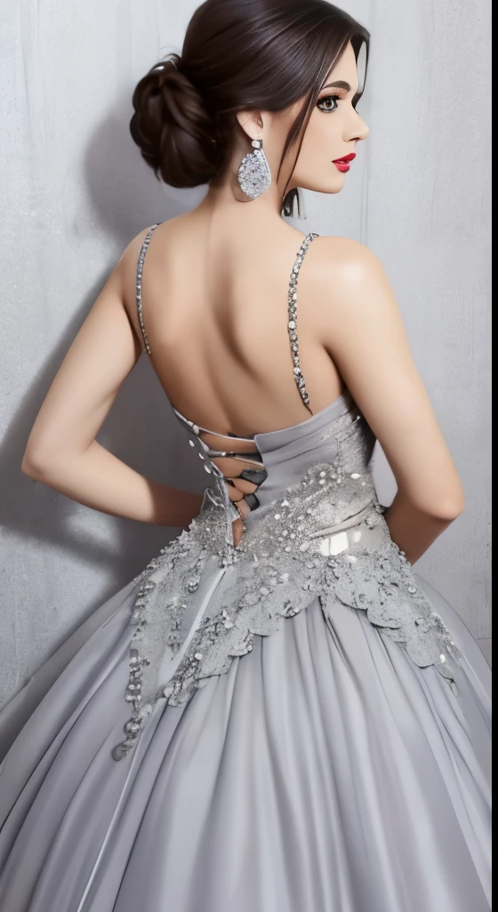 Lebanese lady, diamond dangling earrings, necklace, bracelets, small breasts, 40 years old, smokey eyes, cleavages, red lips, innocent face, random colored fashion ball gown, stylish hairstyle, posing, modeling, back view