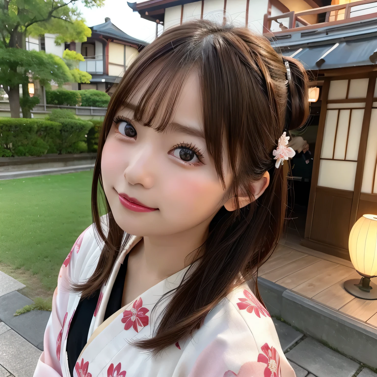 masterpiece、top-quality、Ultra-fine、Colossal tits、(Top image quality, Ultra-fine, hight resolution, ultra-detailliert,),独奏、;Cute Girl, brown haired, 、Brown hair、glabella、1girll、Komono、Kimono、see the beholder、独奏、red blush、hair adornments、The upper part of the body、florals、A smile、 bangss, Background blur, hair adornments, florals柄, 青いKimono, Mouth closed, Obi, outside of house, Bow knot, From Side, 赤いBow knot, matsuri, hair adornments, Obi, natta, depth of fields, Turned to the side, Brown-eyed、food stand、matsuri、beautiful ilumination、nogizaka、Beautiful black eyes:1.3、-yeld sc