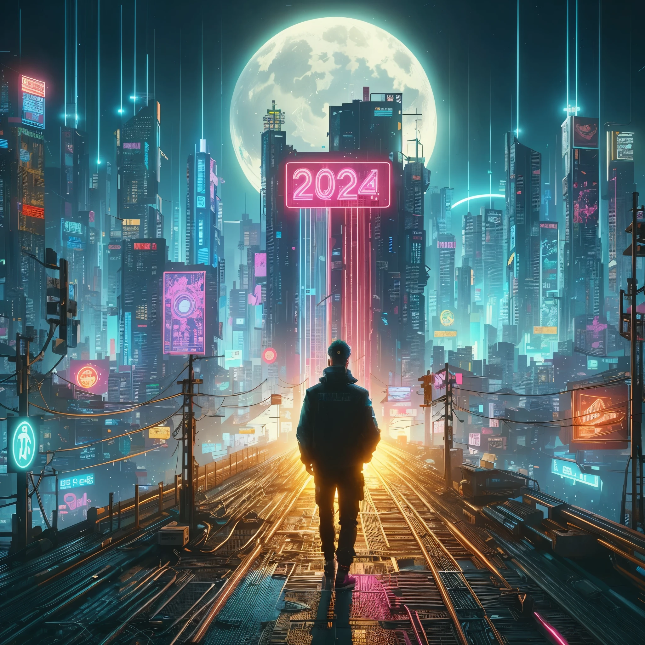 a man standing on a train track in a futuristic city, cyberpunk art style, cyberpunk dreamscape, cyberpunk vibes, cyberpunk future, cyberpunk atmosphere, cyberpunk vibe, more and more cyberpunk, 2049, style hybrid mix of beeple, in cyberpunk city, digital cyberpunk - anime art, cyberpunk in a cyberpunk city, in a futuristic cyberpunk city, cyberpunk aesthetic