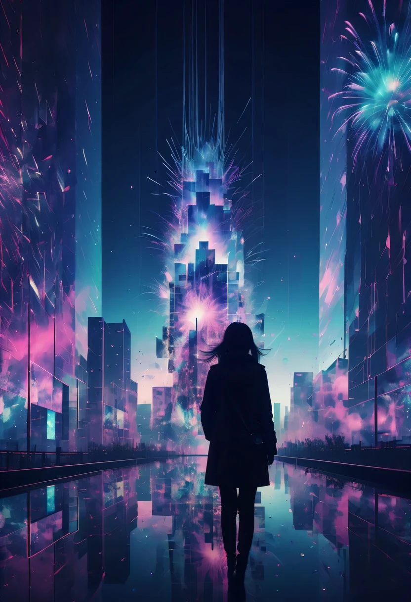 Dubrec style,Cybernetics appear in the sky.The prospect of fireworks on new year’s Eve 2024,Gorgeous fireworks,(multiple exposure1.8),(Digital signage,2024:1.5),technology city,artificial intelligence neuron,network matrix,new year&#39;eve visual poster,Intricate poster in surreal art style,超现实梦想new year海报,超现实科幻new year梦想海报，wide wide shot，Expansive night sky，new year，A grand fireworks display，woman portrait，double exposure effect，dramatic lights，vivd Coloong exposure technology，creative composition，artsy photography，hight contrast，abstract elements，emotionally captivating，Expressive eyes，soft focus，vague background，Beautiful lip details，multiple exposure，Different Perspectives、The cities of the future，Silhouette of a high-rise building。The texture is clear、Overlay the image、A harmonious blend of themes、art story、Surreal atmosphere、Experimental Technology、imaginative exploration、Artistic expression、Artistic interpretation、Creative experimentation、personal narrative、Layered composition、Ethereal aesthetics、Shocking visual impact、visual depth、magical reality、poetic atmosphere，detailed、meticuloso，visual poetry
