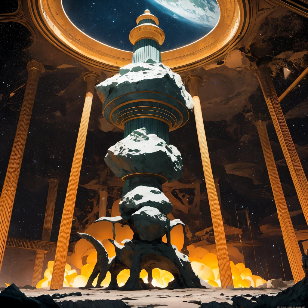 Alien Hexagonal Base (very detailed nipples) In a hexagonal mountain oasis,There are several hexagonal exhaust fans and chimneys, some neon lights projecting from the base,Light up the dark night), There are some clouds in the night sky, Some surrounding planets provide air to unknown planets,The most remote giant hexagonal volcano erupts,the rainforest