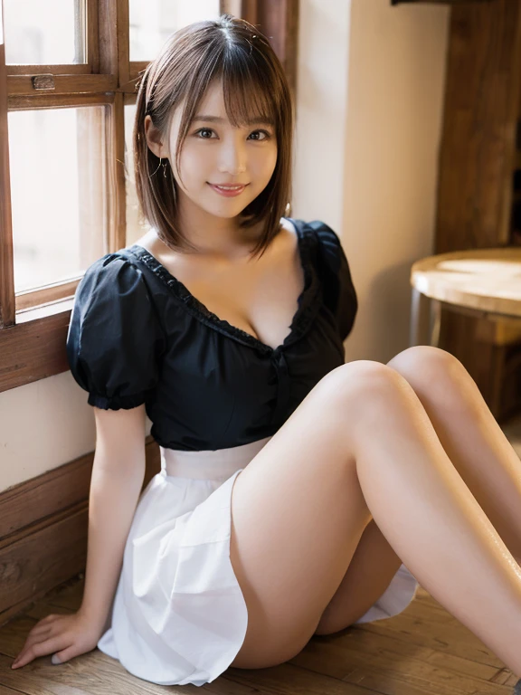 (cleavage looks bigger)(((frilldの沢山付いた豪華な白黒のクラシックMaids服、very short mini skirt))) ( girl、a small face、Extremely beautiful face, natural make up)(fair white skin)(sparkly eyes)1人,, Bright smile、face lights, Short Bob、Hair hanging over the ears、,round big breasts、Beautiful valley、thin-waist、large hips, Dress, frilld,,, interior of an old western house,(((sitting with knees together on the floor))), shortsleeves, , Maids, Maidsエプロン, Puffy sleeves,、Knee-deep shots、Stretched back muscles