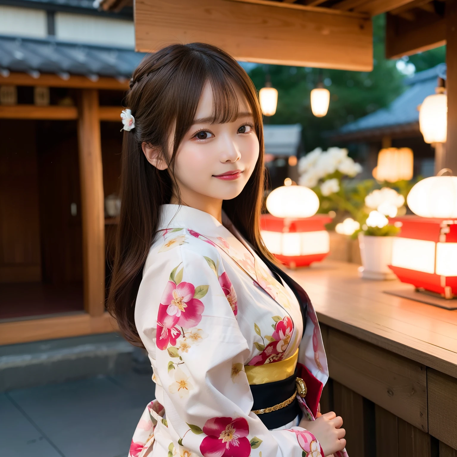 ​masterpiece、top-quality、Ultra-fine、huge tit、(Top image quality, Ultra-fine, hight resolution, ultra-detailliert,),独奏、;Cute Girl, brown haired, 、Brown hair、glabella、1girll、komono、kimono、see the beholder、独奏、red blush、hair adornments、The upper part of the body、florals、a smile、 bangss, Background blur, hair adornments, florals柄, 青いkimono, Mouth closed, obi, outside of house, Bow knot, from side, 赤いBow knot, matsuri, hair adornments, obi, natta, depth of fields, Turned to the side, brown-eyed、food stand、matsuri、Beautiful illumination、nogizaka、Beautiful black eyes:1.３、17-year-old schoolgirl