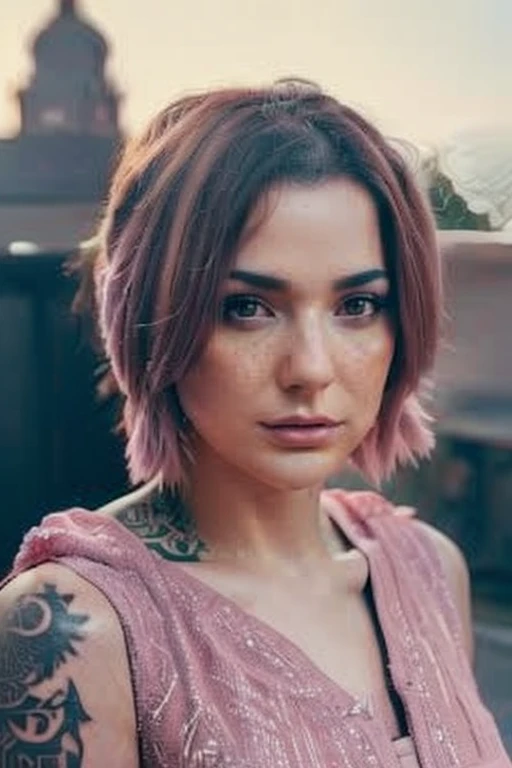 women, hoodie, arm tattoo, portrait, asymmetrical bangs, bandaid, short hair, bangs, breasts, freckles, grey eyes, large breasts, looking at viewer, neck tattoo, nose piercing, pink hair, solo, tattoo on face, upper body, detailed background, town, alley,, photorealistic, photo, masterpiece, realistic, realism, photorealism, high contrast, photorealistic digital art trending on Artstation 8k HD high definition detailed realistic, detailed, skin texture, hyper detailed, realistic skin texture, armature, best quality, ultra high res, (photorealistic:1.4),, high resolution, detailed, raw photo, sharp re, by lee jeffries nikon d850 film stock photograph 4 kodak portra 400 camera f1.6 lens rich colors hyper realistic lifelike texture dramatic lighting unrealengine trending on artstation cinestill 800,